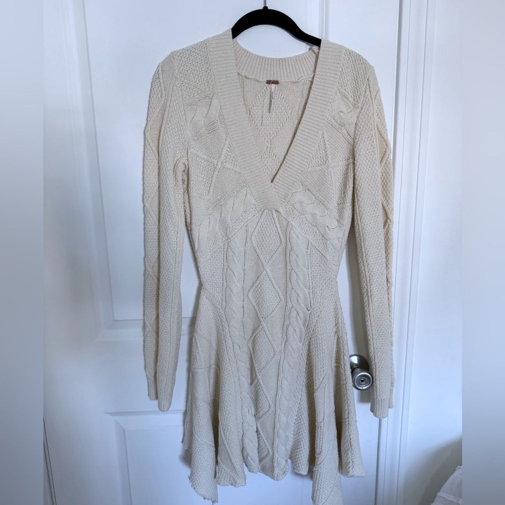 Free People Cream Long Sleeve Fit and Flare Sweater Dress